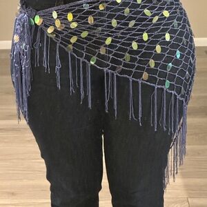 Crochet-style, tasseled hip scarf with sequins